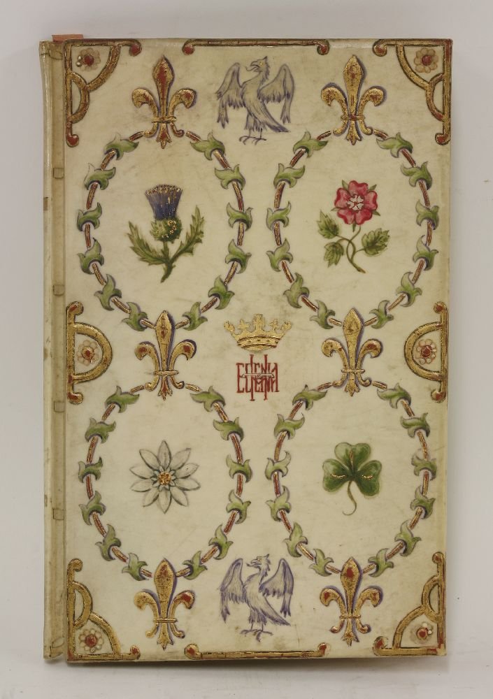 BINDING: Edward VII - Coronation Service Book, 1902.: BINDING: Edward VII - Coronation Service Book, 1902. Printed in red and black. Beautiful gilt tooled and painted full vellum binding, aeg. CONDITION: Foxing to endpapers; o/w VG