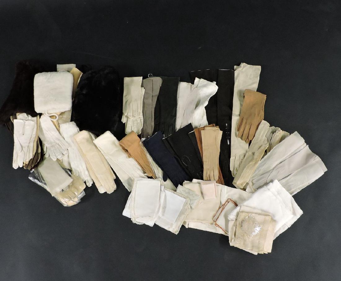 A large quantity of kid leather gloves: A large quantity of kid leather gloves, various lengths and sizes, including white kid leather evening gloves, a collection of silk and cotton lawn handkerchiefs, some with bobbin lace, and three asso