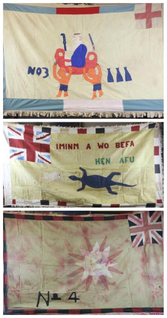 3 Asafo flags. Ghana. 20th century.: A group of 3 Asafo flags. Ghana, Fanti. 20th century.Provenance: Collection of John WoodhallCondition: The absence of a condition statement does not denote that the lot is in perfect condition or free