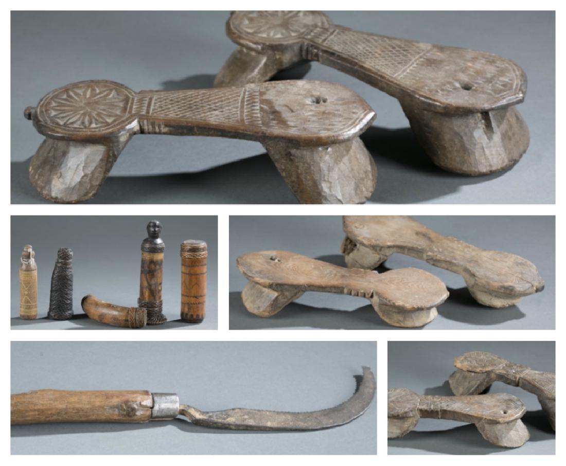 9 Philippine Islands objects. 20th century.: A group of 9 Philippine Islands objects. ++ Rice knife. Philippine Islands. 20th century. ++ Wooden sandals. Indonesia/Philippine Islands. 20th century.++ Wooden sandals. Indonesia/Philippine Islands.