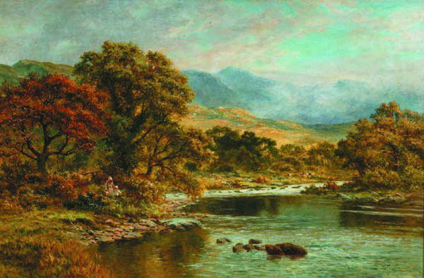 Gallon, Robert (Br. 1845-1925).: Gallon, Robert (Br. 1845-1925). Pastoral landscape with figures by a river and mountains in the distance. Oil on canvas. 20 x 30 in. Signed ''R.Gallon'' at l.l. This is a live auction at our physical