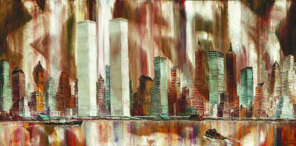 Lebron, Robert (Am b.1928) World Trade Center: Lebron, Robert (Am. b.1928). View of Manhattan skyline with World Trade Center. Oil on canvas in frame. 24 x 48 in. Signed ''Robert Lebron'' at l.r. This is a live auction at our physical auction gall