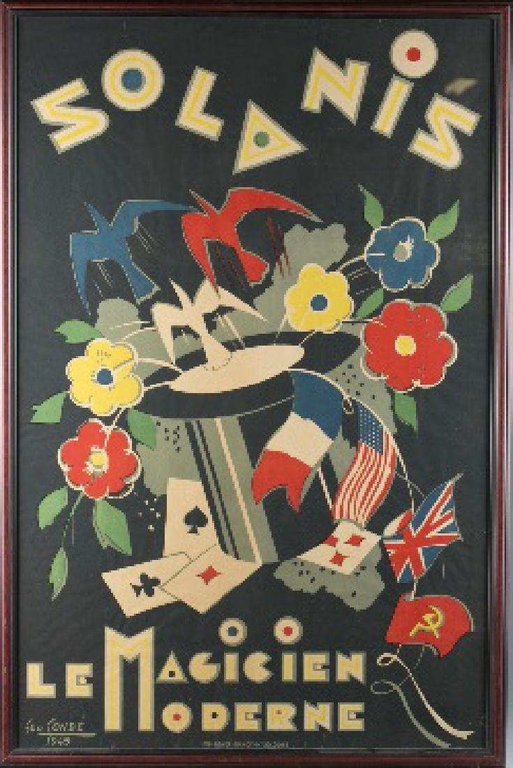 Solanis: Le Magicien Moderne. 1945. Magic poster.: [Magic Posters] Solanis: Le Magicien Moderne. “Geo Conde 1945” at lower left. “Imp Royer…” at bottom-center. 37 1/2 x 24 1/2 in. A couple tears to peripheral area (below the word “Moderne,