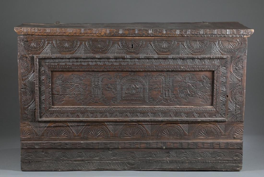 Large Continental carved walnut chest. 17th c. (1 of 4)