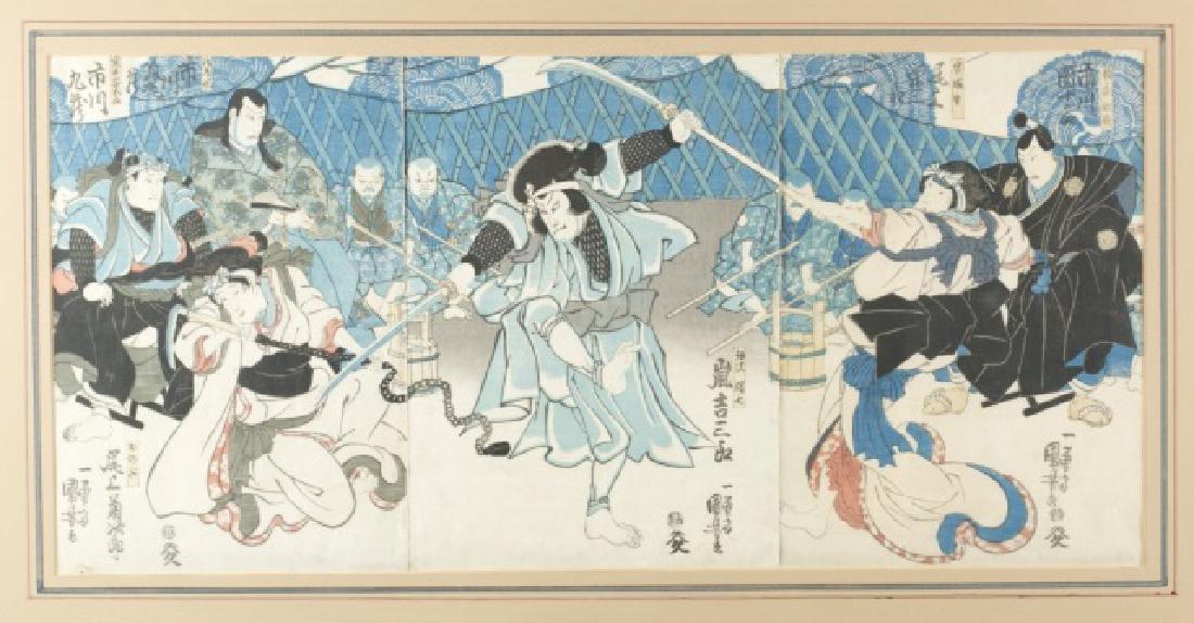 Japanese triptych woodblock print, Kuniyoshi. (1 of 7)
