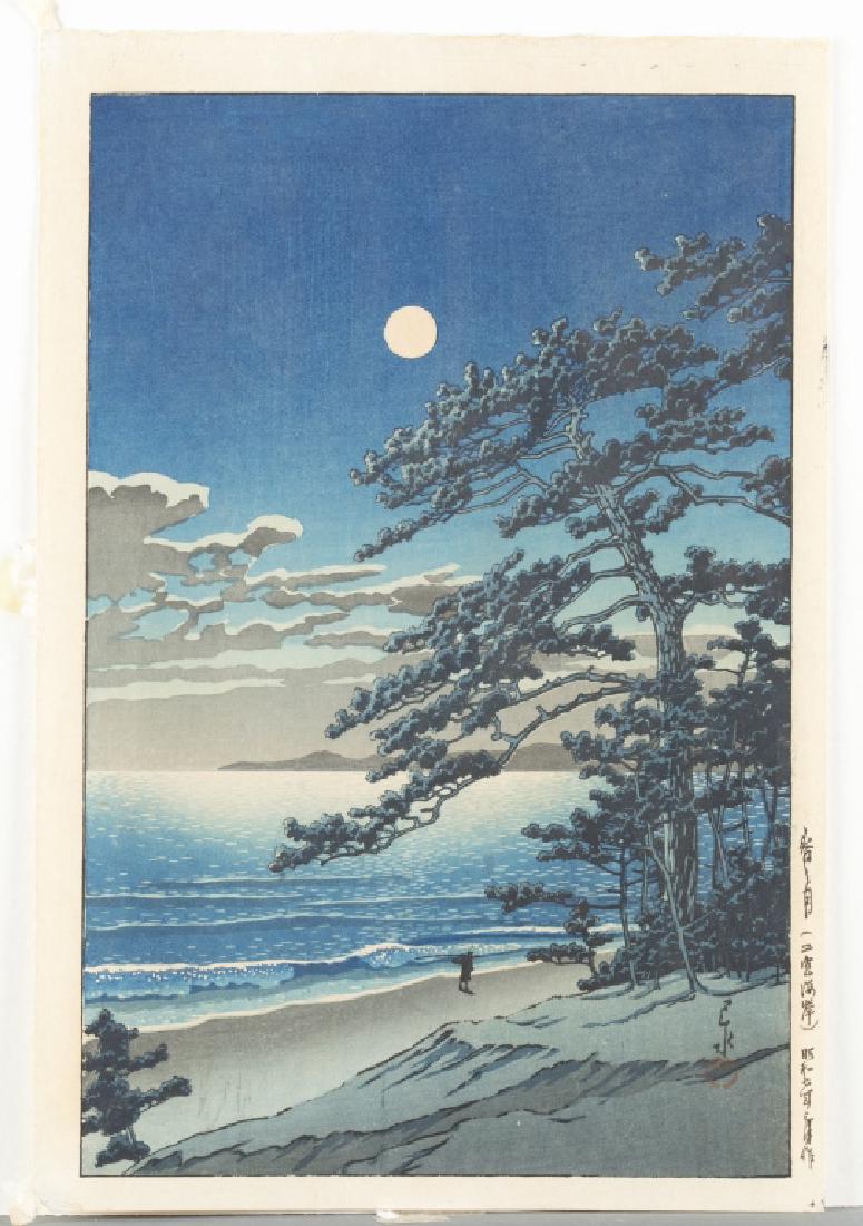 Japanese woodblock print, Hasui Kawase.: A Japanese woodblock print. Kawase, Hasui (Japan, 1883-1957). Spring Moon at Ninomiya Beach (Haru no tsuki [Ninomiya kaigan]). 1932. No publisher mark l.l. Oban, approx. 15"h x 10"w. Condition: Having