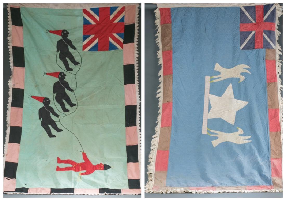 2 Fante Asafo flags. 20th century.: A pair of Fante Asafo flags. Ghana. 20th century. ++11 1/2"h x 10 1/2"w. ++ 59 1/2"h x 35"w. Provenance: Collection of John Woodall.
