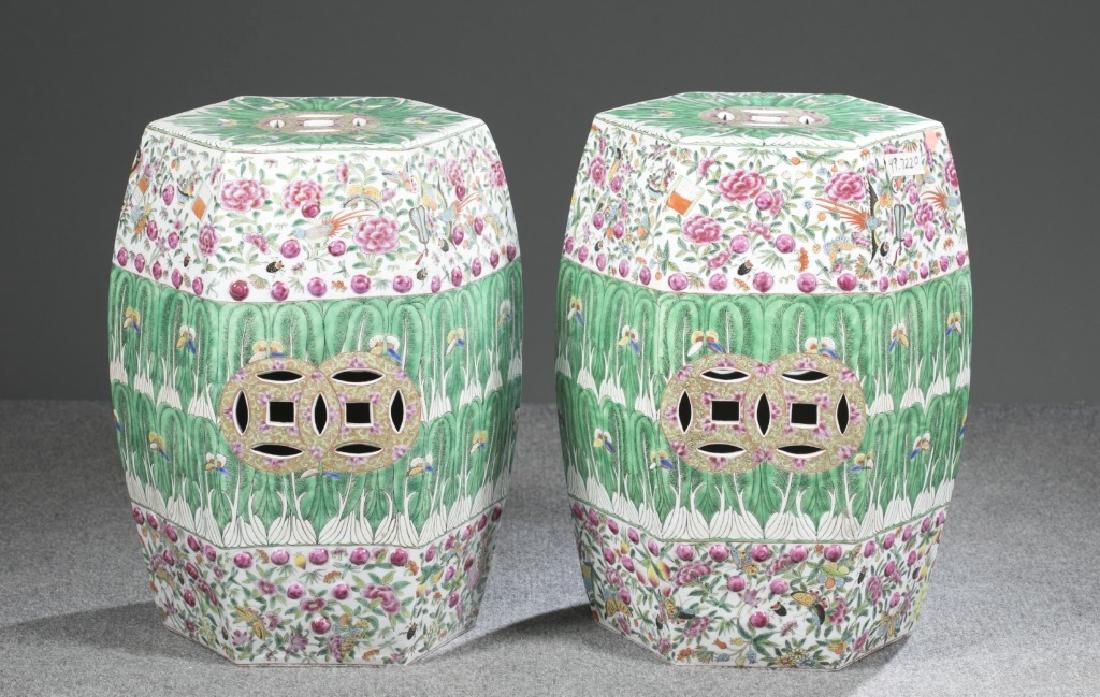 Pair of hexagonal famille rose garden stools. (1 of 4)