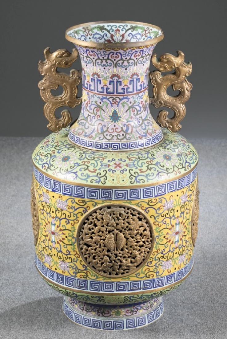 A cloissone dragon handle vase. (1 of 5)