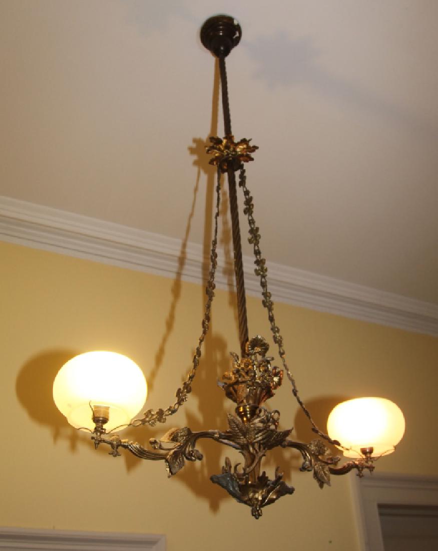 Brass 2-Light Chandelier with Milk Glass Globes. (1 of 4)