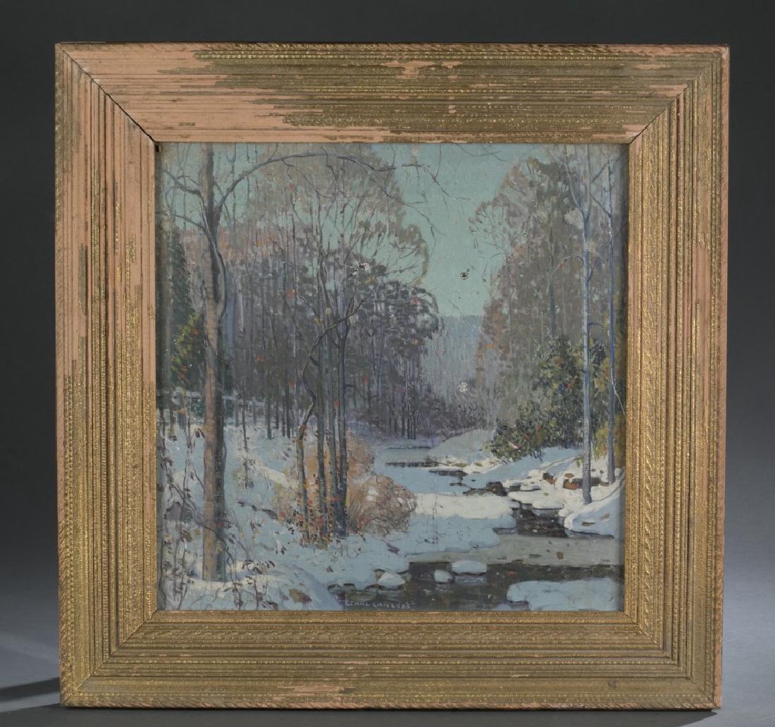 Carl Lawless, "Wissahickon (Sketch)" o/c: Lawless, Carl (United States, 1894-1964). Wissahickon. Oil on canvas. Signed and dated b. c. On stretcher "Wissahickon (Sketch) by Carl Lawless" 15 1/4" x 15 1/4" Frame: 20 3/4" x 20 3/4"Scratches and
