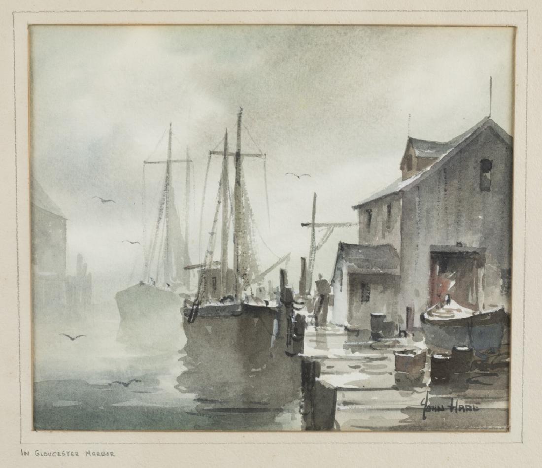 Two John Cuthbert Hare Nautical Watercolors.: A pair of two John Cuthbert Hare (United States, 1908-1978) watercolors. In Gloucester Harbor and In Cape Cod Bay. Watercolor on paper. Each signed l.l. 12 1/2" x 13 1/2" (each). Frame: 13 3/4" x 14 3