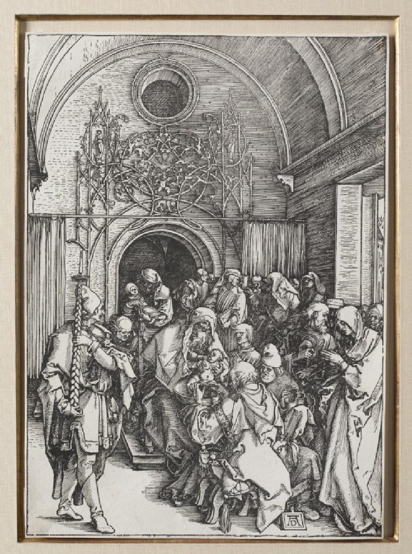 Albrecht Durer, The Circumcision, 1505: Woodcut, Albrecht Durer (German) 1471-1528, "The Circumcision," from "The Life of the Virgin," 1505; 8 1/4 x 11 1/2 inches, AD monogram in the plate, good condition, trimmed margins, certificate of au