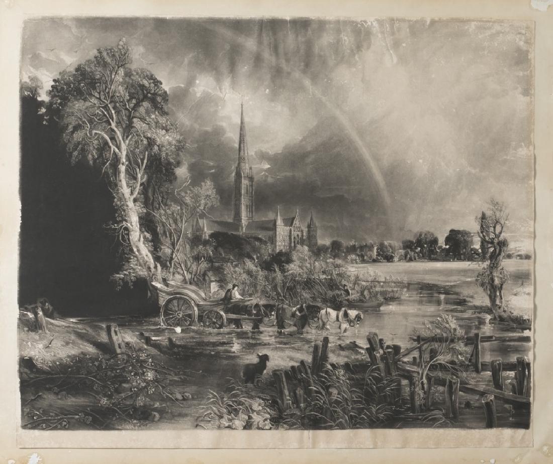 After John Constable, Salisbury Cathedral, 1848: Mezzotint, David Lucas (British) 1802-1881 after John Constable, (British) 1776-1837, "Salisbury Cathedral from the Meadow," 1848; 23 x 27 1/2 inches; mounted on heavyweight cardstock, with creasing a