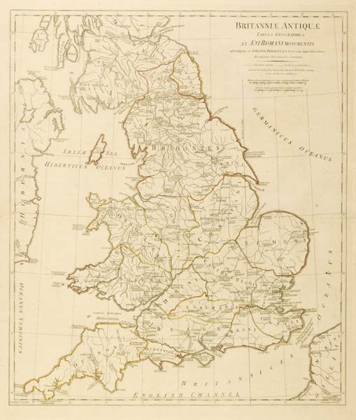 [ENGLAND]. Britanniae Antiquae Tabula Geograp: [ENGLAND]. Britanniae Antiquae Tabula Geographica Ex Aevi Romani Monumentis...Lon: Robert Sayer & John Bennett, April, 1775. Double-page engraved map, outline color. 21 1/4 x 19 1/2. Near fine conditi