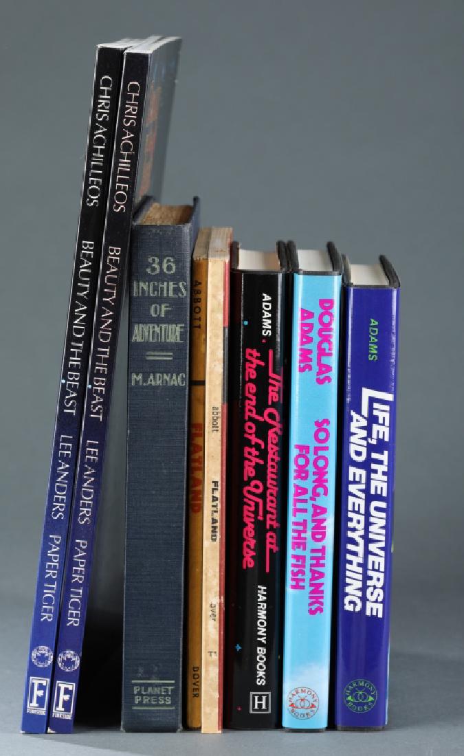 8 hardbacks by Abbott, Achilleos, Adams, etc.: ++ Edwin A. Abbott, Flatland (2 copies), 1952. ++ Chris Achilleos, Beauty and the Beast (2 copies), 1987. ++ Douglas Adams, The Restaurant at the End of the Universe, 1980, So Long and Thanks for All