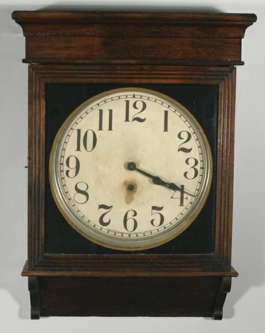 A Sessions time only wall clock: A Sessions time only wall clock dial is original but stained, case is stained walnut, early 20th century, 24.5"h x 18"w x 5.25"d.