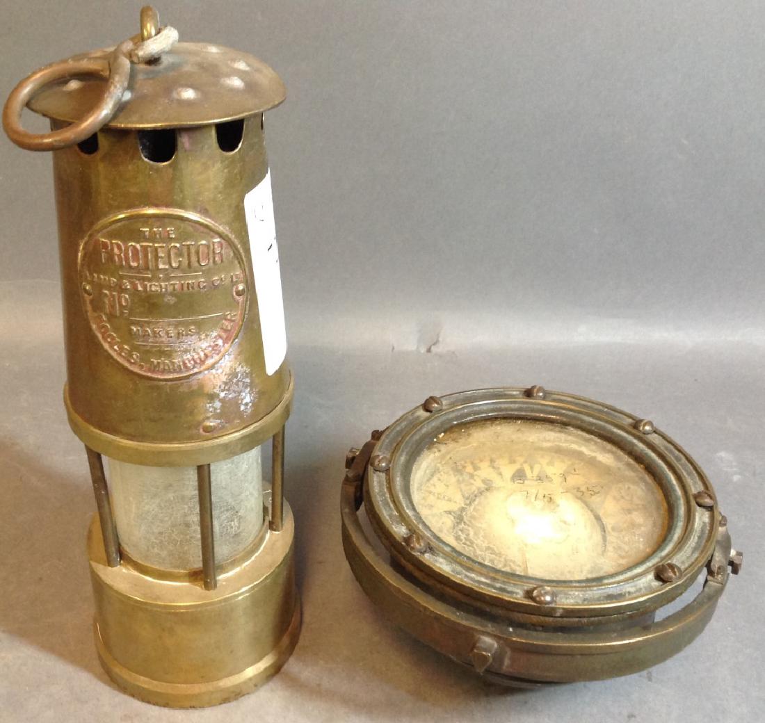 Antique brass miner's lamp and nautical compass: Antique brass miner's lamp and nautical compass