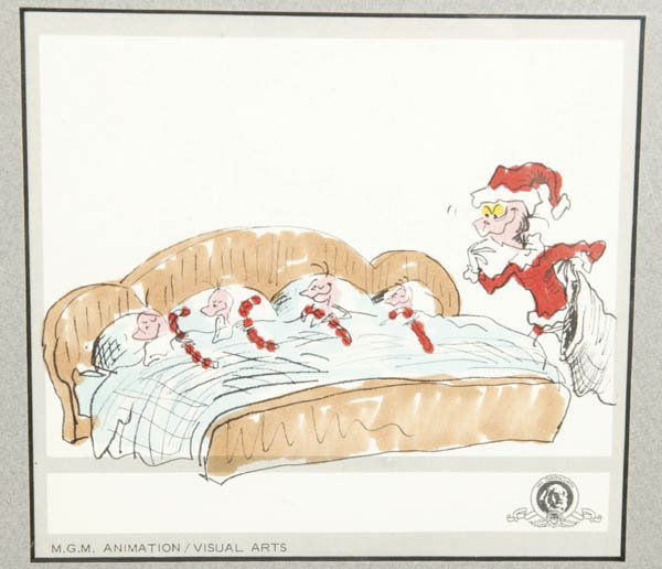 [DR. SEUSS]. Grinch. Color drawing by Maurice N: [DR. SEUSS]. Grinch. Color drawing by Maurice Noble for MGM movie depicting the Grinch planning to steal candy canes from four youngsters in bed. 6 1/4 x 5 3/4. With MGM stamp. Very good condition.