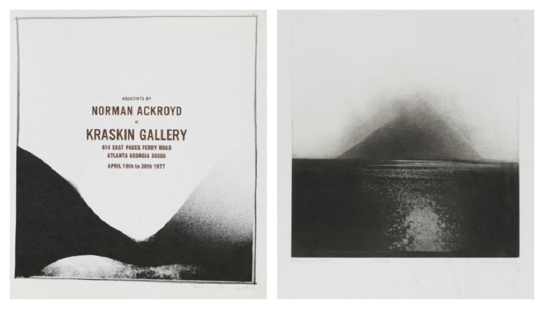 Norman Ackroyd, 2 aquatints: Ackroyd, Norman (English, 1938) ++ Khashin Gallery Opening Etching. ++ Study of Hills and Water, 1977, Aquatint, Artists proof, Signed, titled and dated. 26" x 19 1/2".