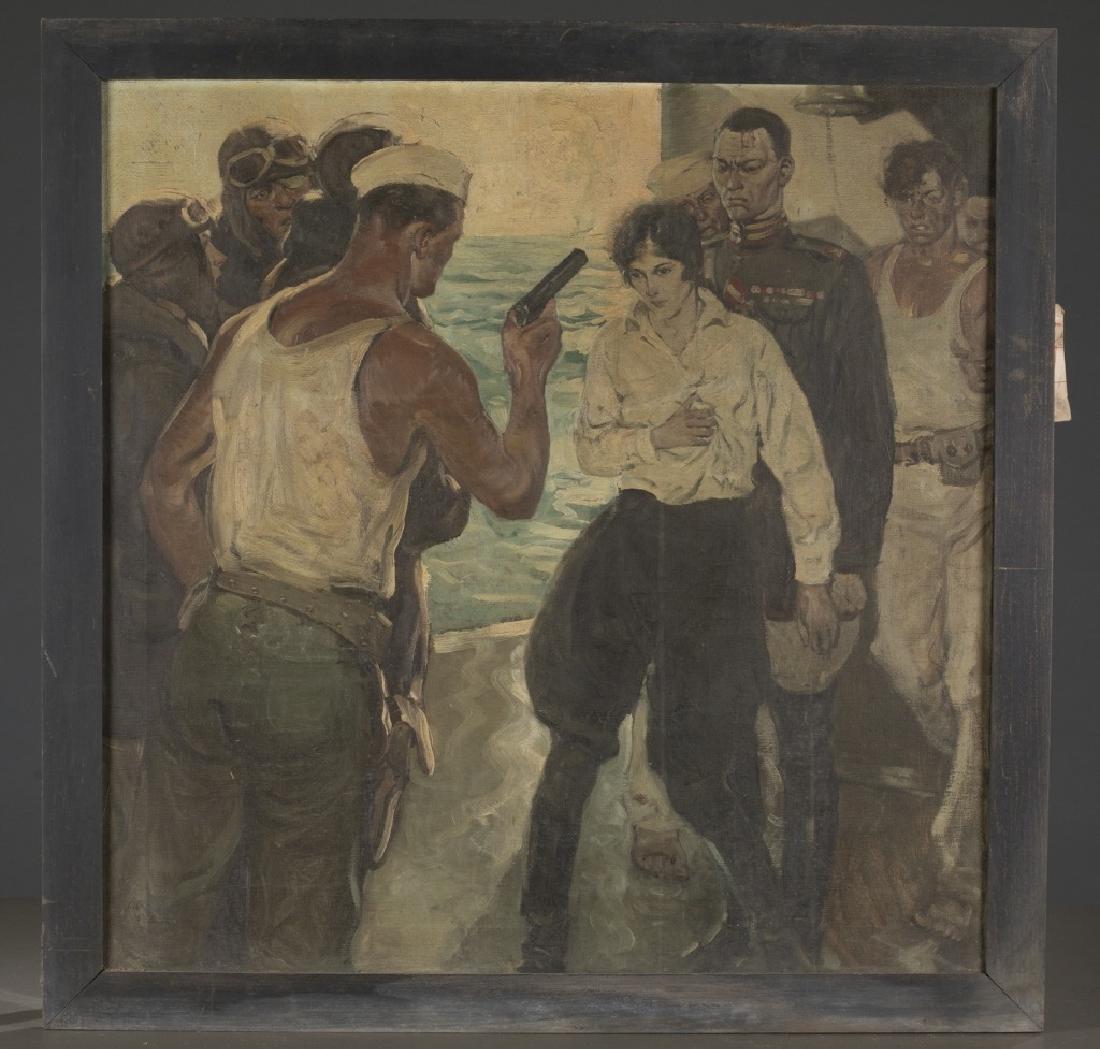 The firing squad , o/c. Early 20th century.: Robert W. Spinmat (?). (American: 20th century). The Firing Squad. Signed l.l. Oil on canvas. 32 x 28".