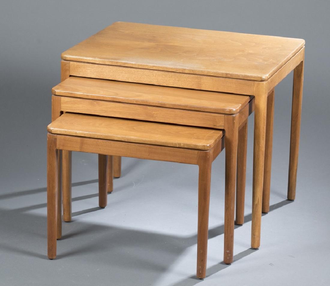 MCM Three nesting side tables: Mid century modern nesting side tables with three levels in teak wood, 21" x 24" x 18".