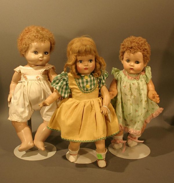 Lot of 3 Vintage Dolls: 1930's Effanbee Sweetie p: Lot of 3 Vintage Dolls: 1930's Effanbee Sweetie pie Mickey (Or Baby Bright Eyes), composition, 16.5" tall, sleep eyes, lamb wool glued wig, some crazing; Ideal rubber doll, 16" lambs wool wig, and unm