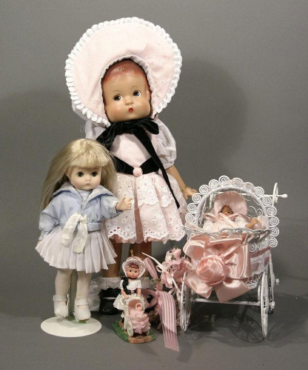Effanbee Patsy Doll with baby carriage and small b: Effanbee Patsy Doll with baby carriage and small baby and small porcelain figurine; and 1988 small plastic Effanbee