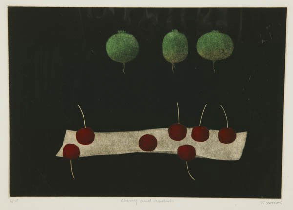 Yokoi, Tomoe (Jap. b.1940). Mezzotints.: Yokoi, Tomoe (Jpn-Am. b.1942). 4 color mezzotints. Each pencil signed, titled, and numbered. ++ Cherrys. 13 1/8 x 10 7/8 in. ++ Flower in the Glass. 14 5/8 x 7 3/8 in.. ++ Musical Instrument. 7 1/2 x