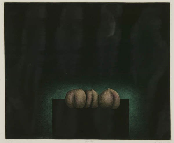 Yokoi, Tomoe. Peach. Color mezzotint.: Yokoi, Tomoe (Jpn-Am. b.1942). Peach. Color mezzotint. 10 7/8 x 13 1/4 in. Pencil signed, titled, and numbered 69/75. Framed under glass, sight condition fine. This is a live auction at our physical a