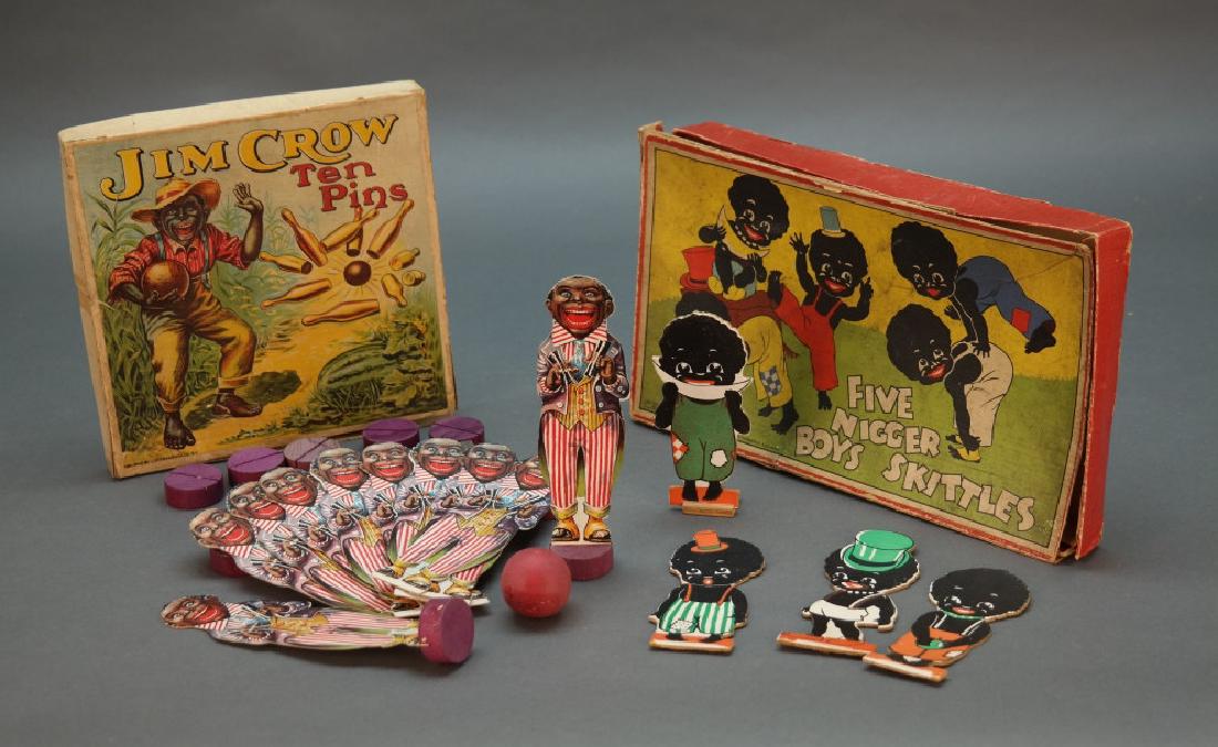 2 games incl: Jim Crow Ten Pins.: Group of 2 Black Americana games ++ Jim Crow Ten Pins. Includes 10 pins, 9 (out of 10) bases, and 1 (of 2) bowling balls, in orig box. “Published by J. Ottmann Lith. Co. N.Y.” at lower left corner