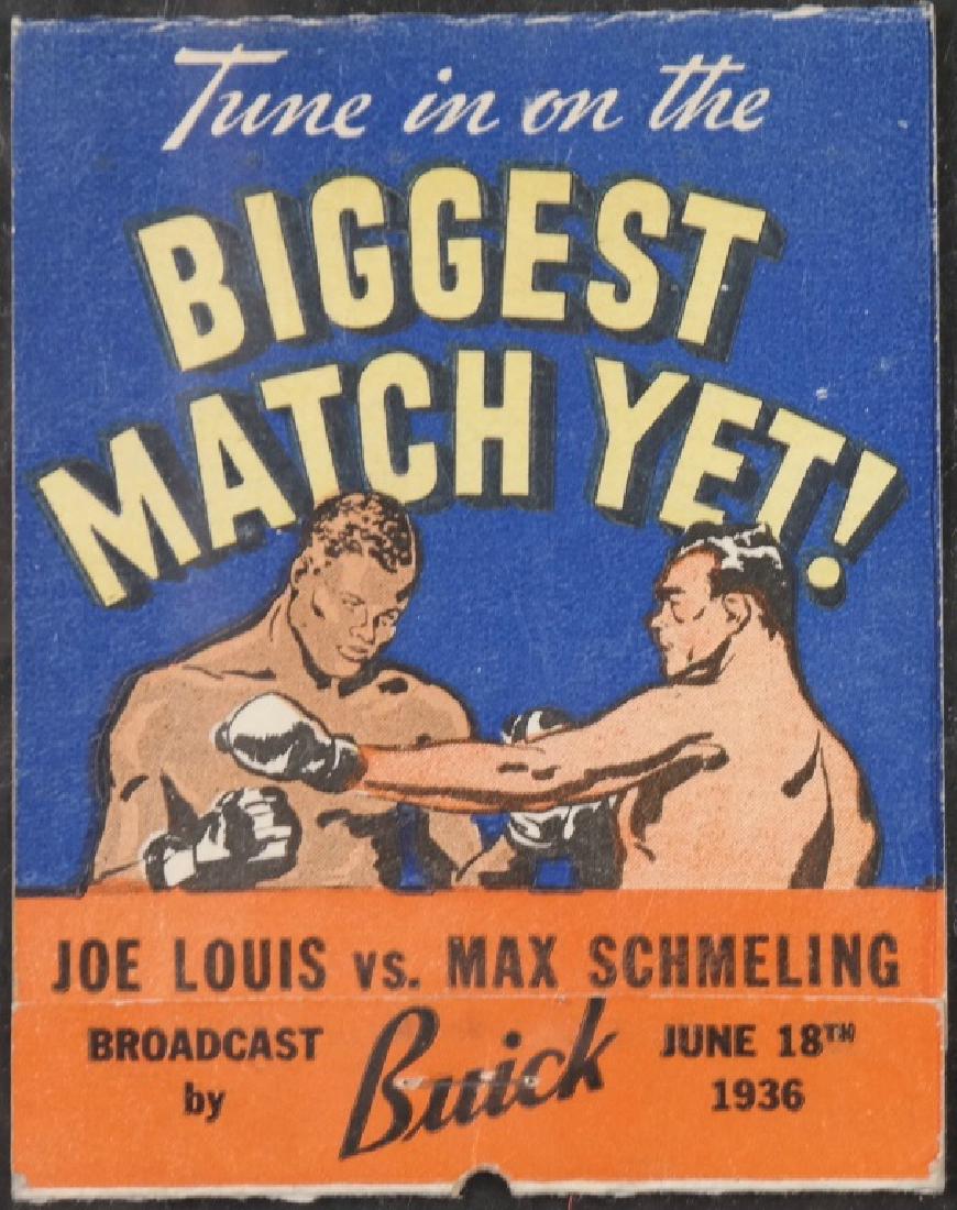 6 items incl Jack Johnson cigarette card.: 6 cards and small items related to black boxers. ++ Jack Johnson Mecca Cigarette Card. 2 1/2 x 2 3/4 in. Creased, chipped. ++ Tune in on the Biggest Match Yet! Joe Louis vs. Max Schmeling, Broadcast b