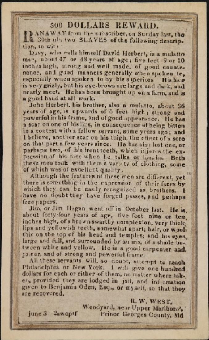 3 items incl ad offering $300 for runaway slaves.: Group of 3 paper ephemera items relating to the Black Experience in America during the era of slavery ++ Newspaper ad offering a reward, $300, for 3 runaway slaves: Davy (David Herbert), “a mulatto