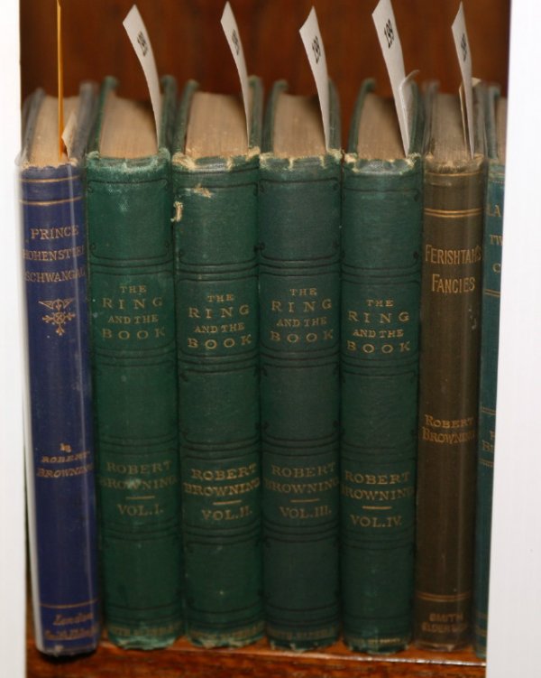 Robert Browning, 3 1st editions (6 vols), 1869-8: BROWNING, Robert. 3 First Editions (6 Vols). Lon: Smith, Elder and Co. 12mo. Original cloth. Some moderate wear, largely very good. ++ The Ring And The Book. 4 Vols. 1868-69. Small tears and two gouge
