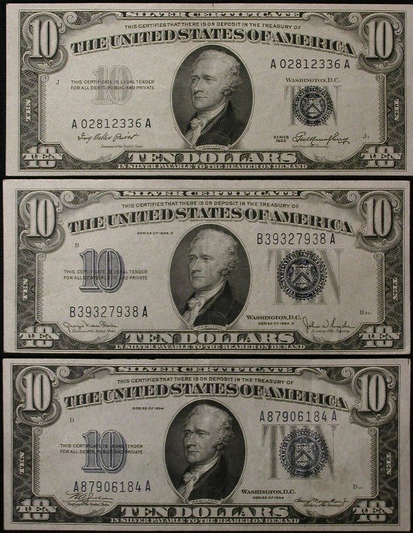 Lot of three $10 Silver Certificates 193