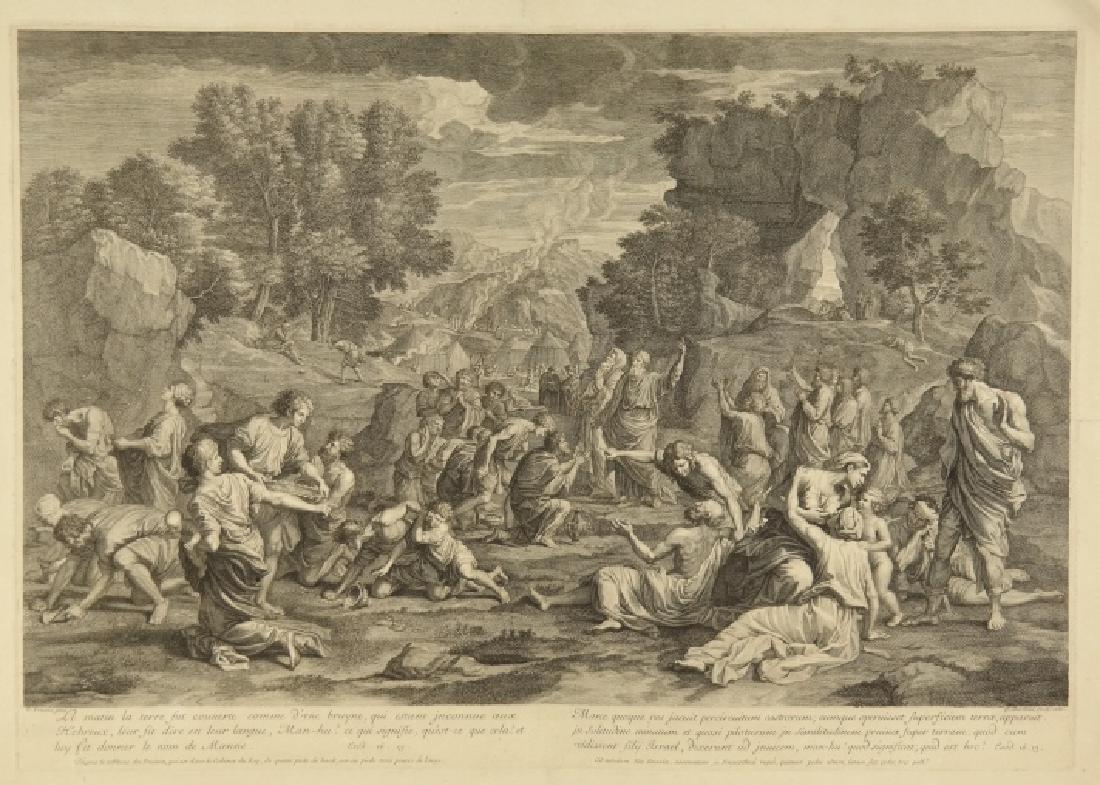 After Poussin. Hebrews gathering manna. 1680.: Guillaume Chasteau (French, 1635-1683) after Nicolas Poussin (French, 1594-1665). 2 plates. "Le matin la terre fut couverte comme d'une bruyne qui estant inconnue aux Hebreux, leur fit dire en leur la