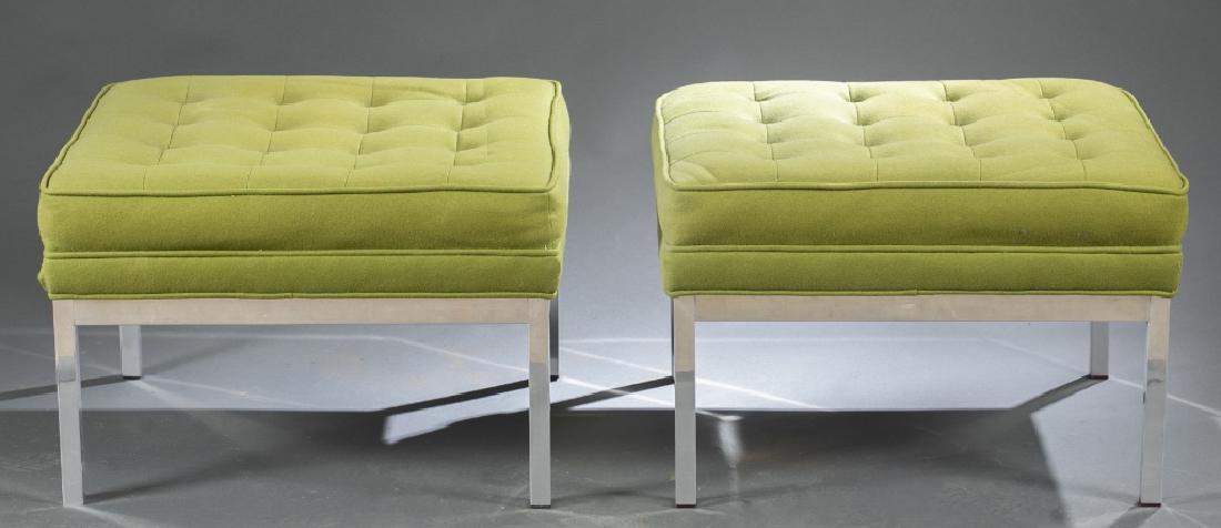 Pair of Jack Cartwright ottomans: Pair of Jack Cartwright ottomans in lime green with chrome frame. 17" x 24" x 24" each.