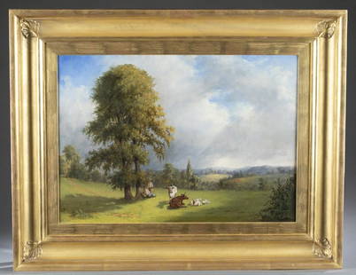 William Sanford Mason, Landscape.: Mason, William Sanford (American, 1824-1864), Landscape with Figure and Cows, 1849, oil on canvas, signed l.l., "W. Sanford Mason". 17" x 24".