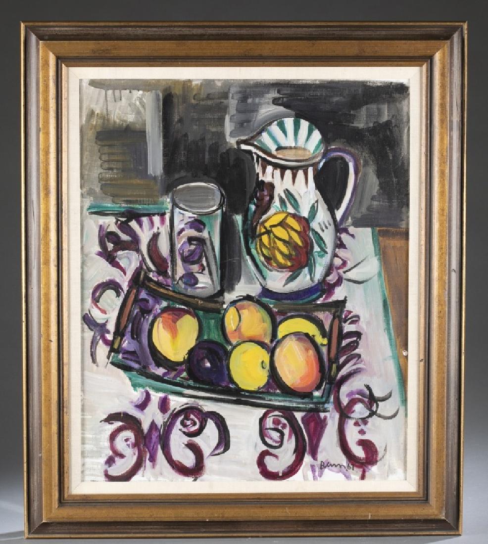 Ben Benn. Still Life with Fruit. OC. 1967.: Benn, Ben (American, 1884-1983). "Still Life with Fruit." 1967. Oil on canvas. Framed: 34 1/2" x 29 1/4" Provenance: The Collection of Rowan & Peggy LeCompte.