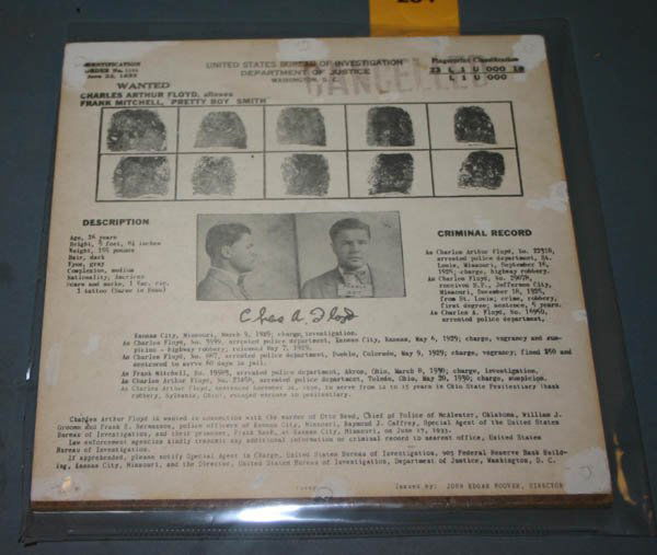 Dillinger / Pretty Boy Floyd: [Criminals]. 2 ''Wanted'' flyiers issued by the J. Edgar Hoover, FBI, for display in Post Offices. ++ Charles Arthur Floyd, June 22, 1933. ++ John Dillinger, March 12, 1934. Each about 8 x 8 inches, m