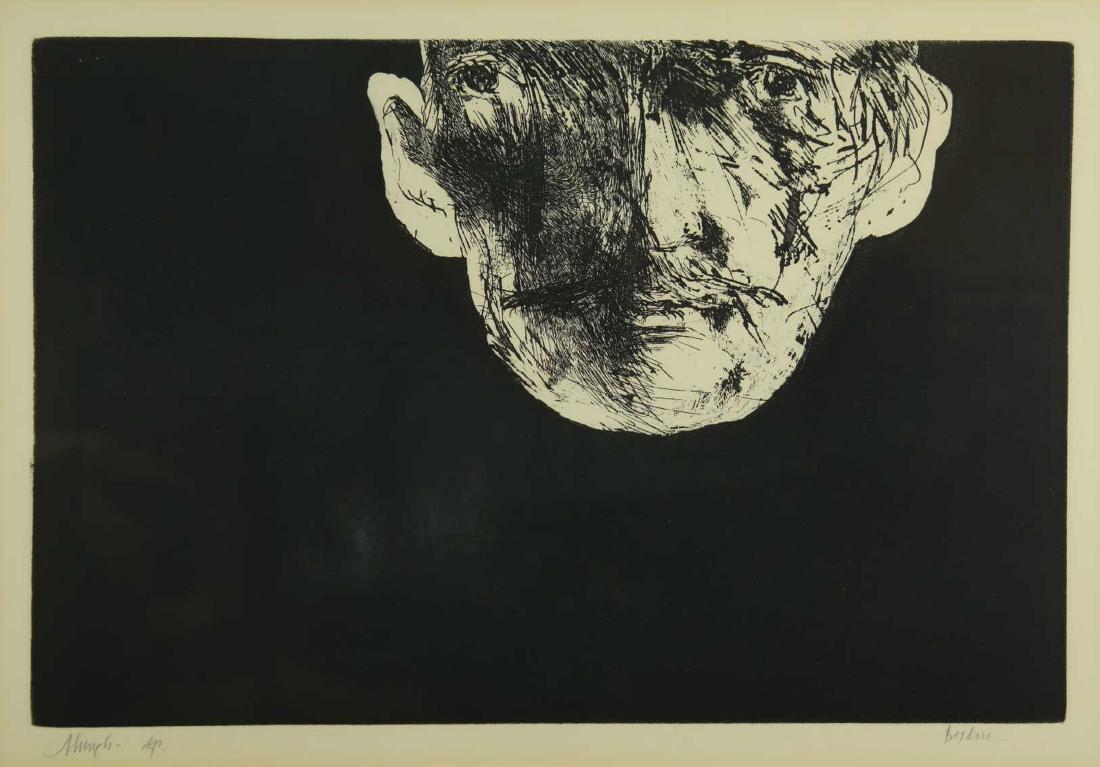 Leonard Baskin. Edvard Munch. 1964. Artist's Proof: Baskin, Leonard (American, 1922-2000). "Edvard Munch." 1964. Etching. Artist's proof. Signed in pencil, l.r., titled and editioned, l.l. Plate: 12" x 18" Framed: 26 1/2" x 31 1/4". Condition: Under gl