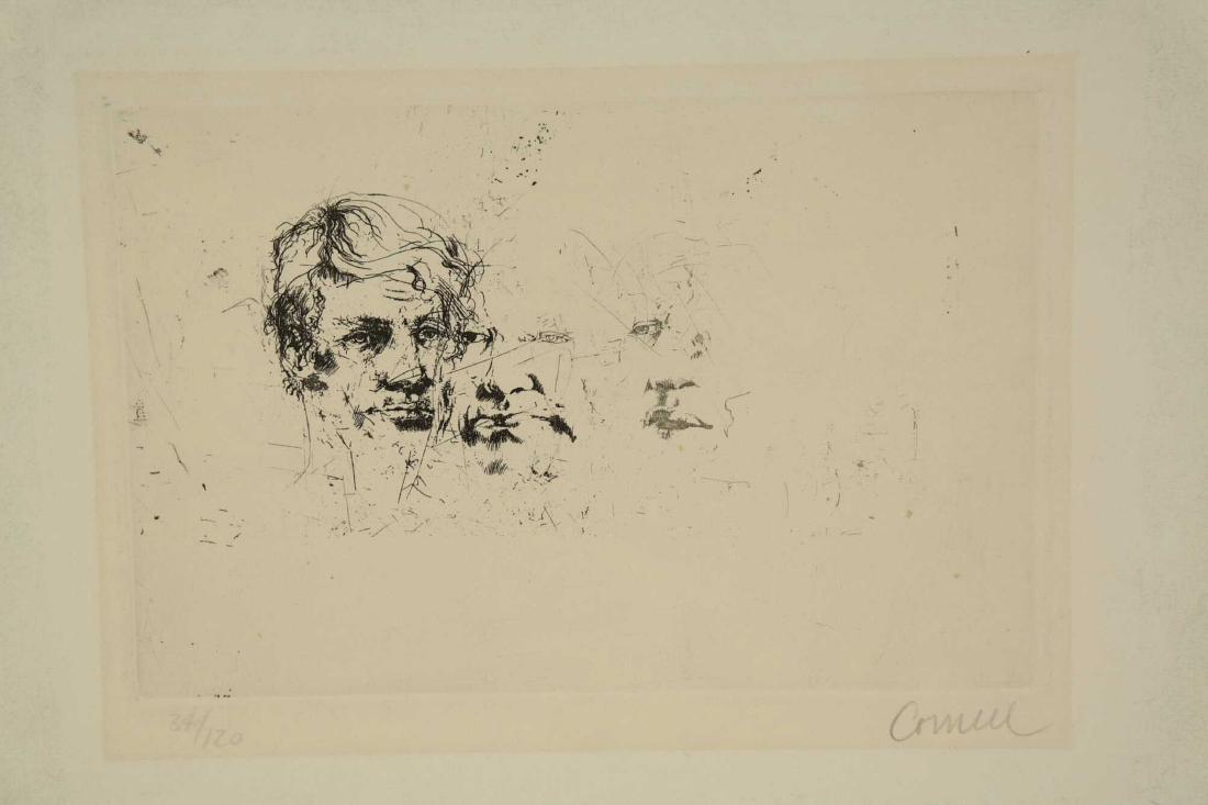 Thomas Cornell. Three Faces.: Cornell, Thomas (American, 1937-2012). "Three Faces." n.d. Etching. Edition 34 of 120. Signed in pencil, l.r., editioned, l.l. Plate: 5 3/4" x 8 13/16" Sheet: 10 1/2" x 13 1/4" Condition: Light mat bu