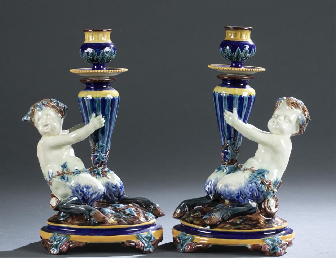 Pair of Wedgewood majolica satyr candlesticks. (1 of 7)