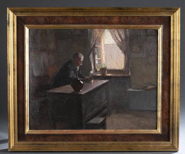 Attrib. Camden School, Scholar in study, O/C.: Attrib. Camden School. Untitled scholar in study. Oil on Canvas. Painting was originally attributed to Walter Sickert (British, 1860-1942). Possibly a portrait of George Moore by Alphonse Legros. Sigh
