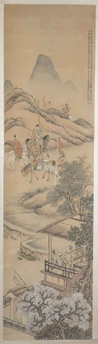Chinese scroll painting sealed Wang Lian.: A Chinese scroll painting sealed Wang Lian. Qing dynasty. Figural painting of a story scene about Guo Ziyi (Tang dynasty), depicting Guo seeing An Lushan and his attendants on the street scene. Inscri