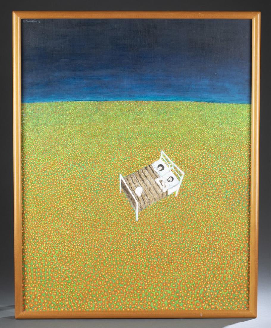 Zeki Findikoglu, Bed in a Meadow, O/C, 1978.: Findikoglu, Zeki (Turkish, b.1946). "Bed in a Meadow." 1978. Oil on Canvas. Signed and dated t.l. Sight: 26" x 20". Frame: 29" x 23". Provenance: From the collection of Stella Walters. Purchased from 