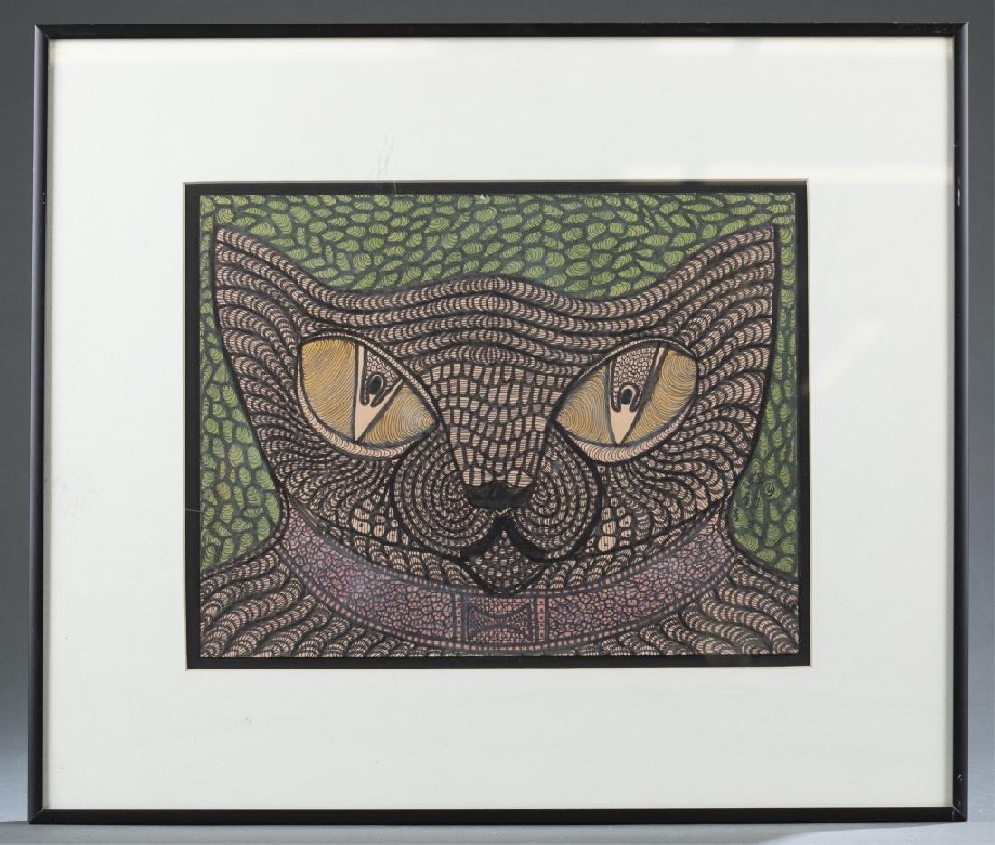 Ted Gordon, Pink Collar, work on paper, 1980.: Gordon, Ted (American, b.1924). "Pink Collar." Highly detailed drawing depicting a purple cat with large yellow eyes on a green background. 1980. Ink and marker on paper. Signed l.r. Sight: 8 1/2" x 1
