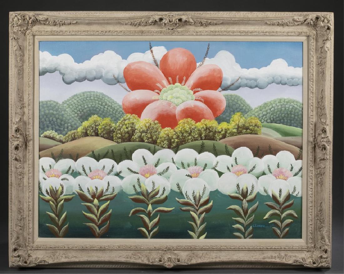 Claude, Untitled Fantastical Flowers, A/C.: Claude (American, 20th century). Untitled Fantastical Flowers depicting enormous red and white flowers along a hillside. Late 20th/ early 21st century. Acrylic on canvas. Signed l.r. Canvas: 30" x 40.