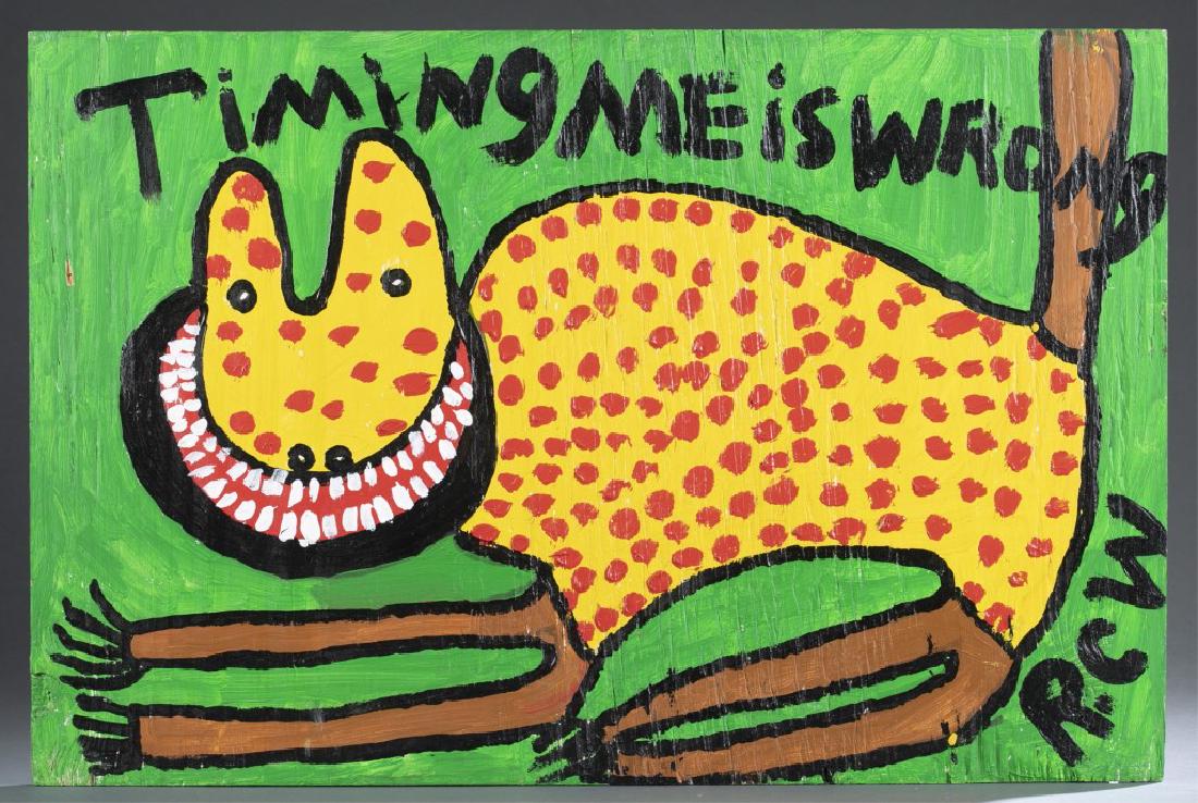 Ruby Williams, Timing Me is Wrong, A/B, 20th c.: Williams, Ruby (American, 20th century). "Timing Me is Wrong." 20th century. Acrylic on wooden board. Initialed l.r. Unframed. 15 3/4" x 23 7/8".