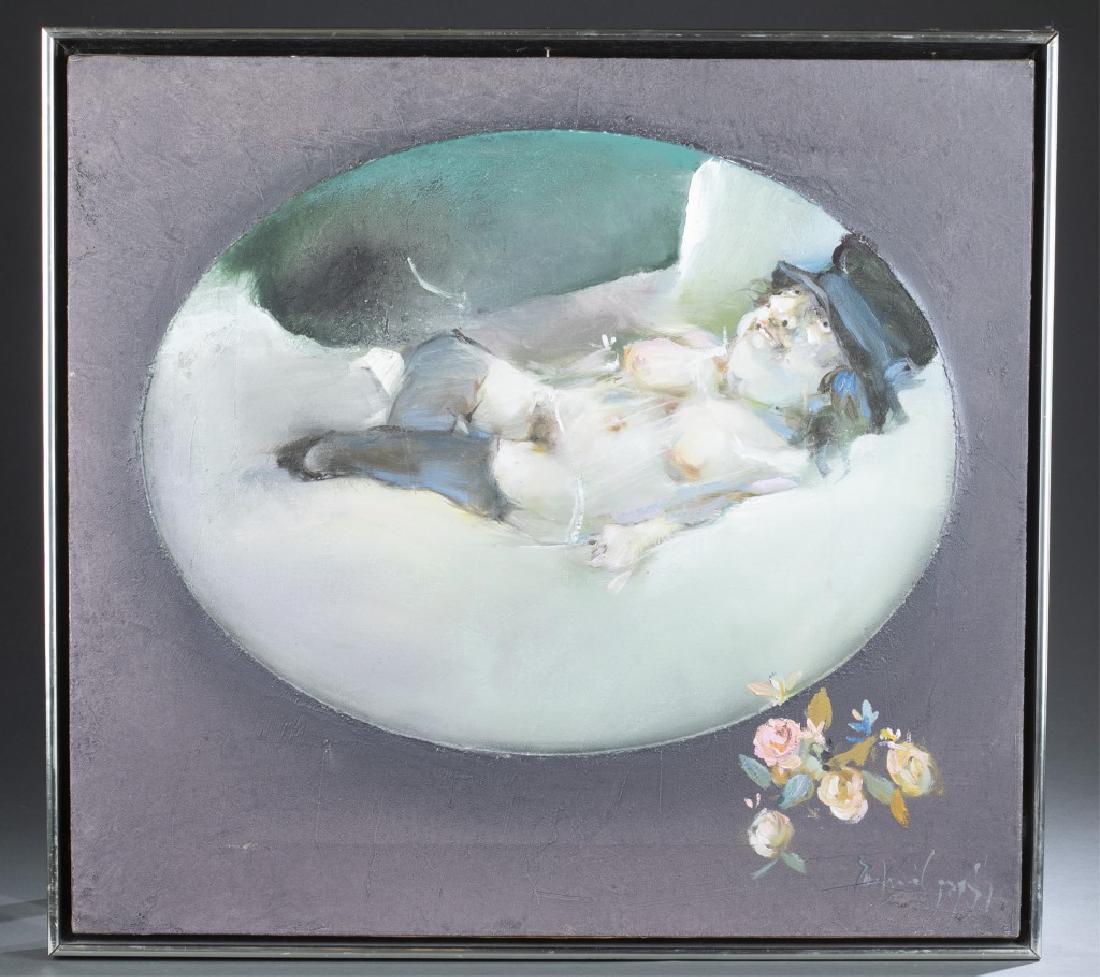 Jose-Maria Cundin, Rosita Comargo, 1979, O/C.: Cundin, Jose-Maria (Spanish, b.1938). "Rosita Camargo" (the Naked Maja). 1979. Oil on Canvas. Signed l.r. Sight: 22" x 23 3/4". Frame: 23 1/4" x 24 1/2".Provenance: From the collection of Stella Walte